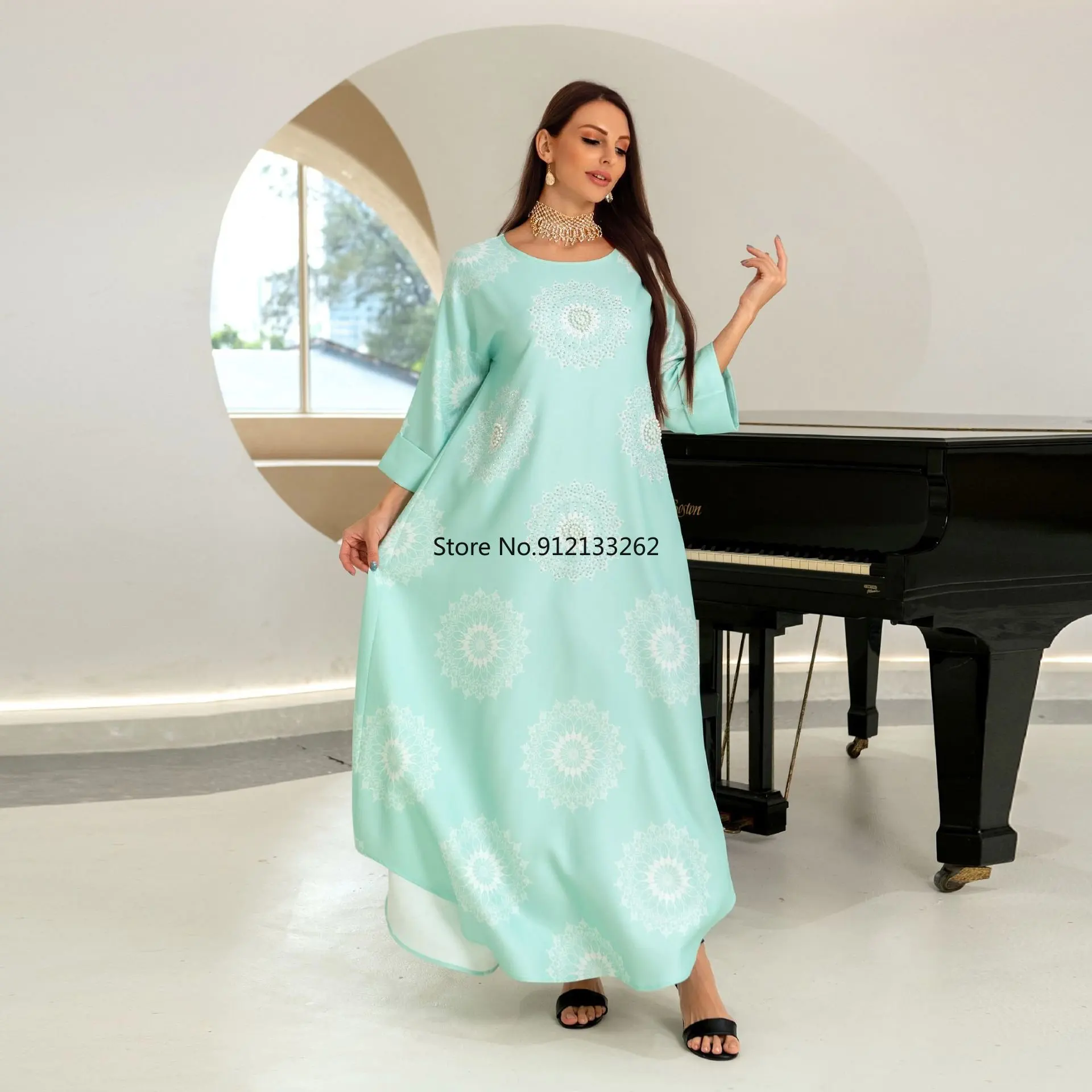 2023 Summer Spring Elegant Muslim Women Long Sleeve Round Neck Polyester Long Dresses Abaya Dress Muslim Fashion Dresses