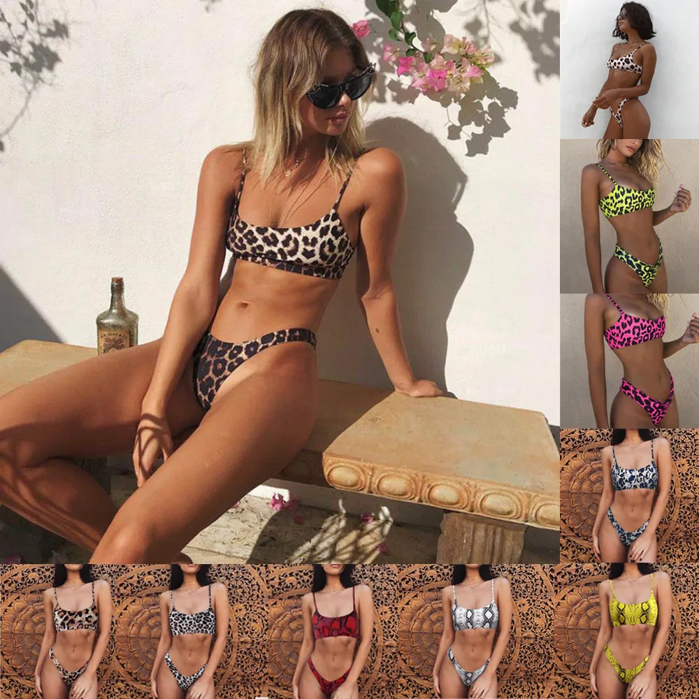 

2020 European and American Sexy Women's Seperated Swimwear Leopard Print Bikini Gathered Bikini