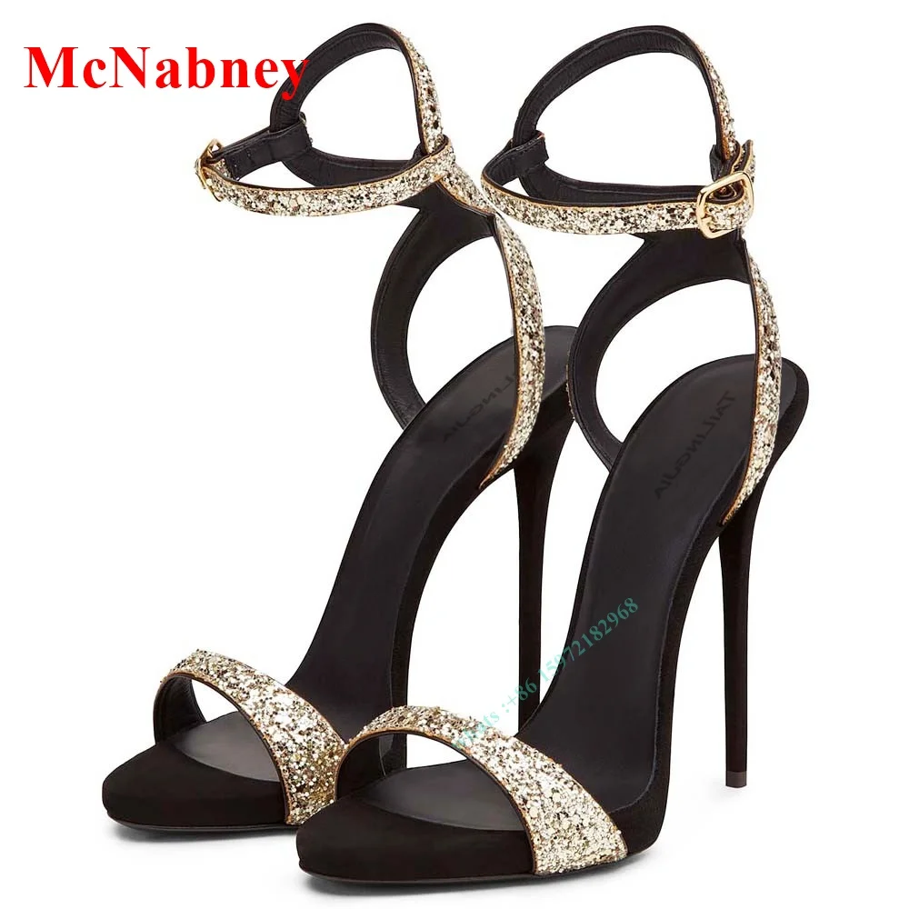 

New Crystal Glitter Ankle Straps Sandals Open Toe Stiletto Heel Sandals Women Shoes Buckles Hollow Sexy Fashion Summer Party New