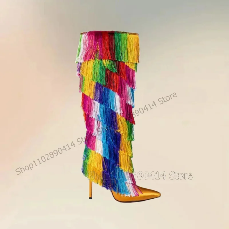 Красочные ботинки с острым носком и кисточками женская обувь без шнуровки на