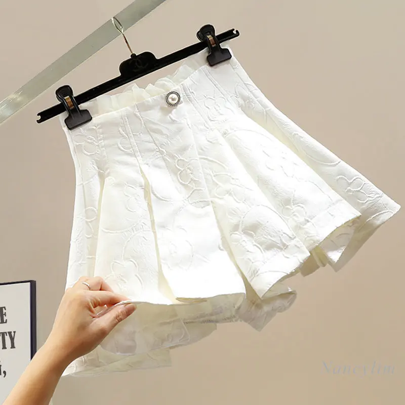 

Irregular Pleated Organza Stitching A- Line Wide Leg Lace Shorts Women's Korean-Style High Waist Slimming Skirt Shorts 2023