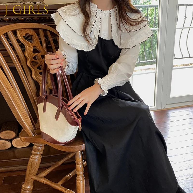 

J GIRLS Women Suit Korea Retro Hit Color Peter Pan Collar Puff Sleeve Shirt + Slim Waist Pleated Strap Dress Sets Solid Elegant