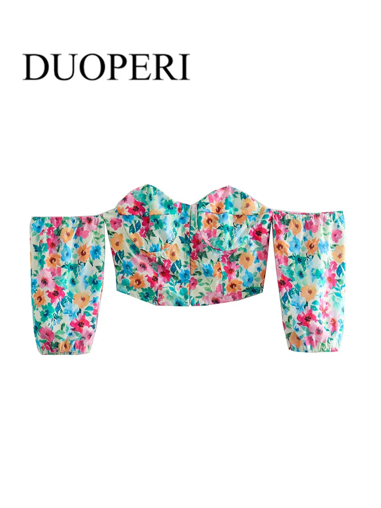 

DUOPERI Women Fashion Short Flower Printed Shirts With Sweetheart Neck Puff Sleeves Vintage Back Elastic Band Female Blouses Top