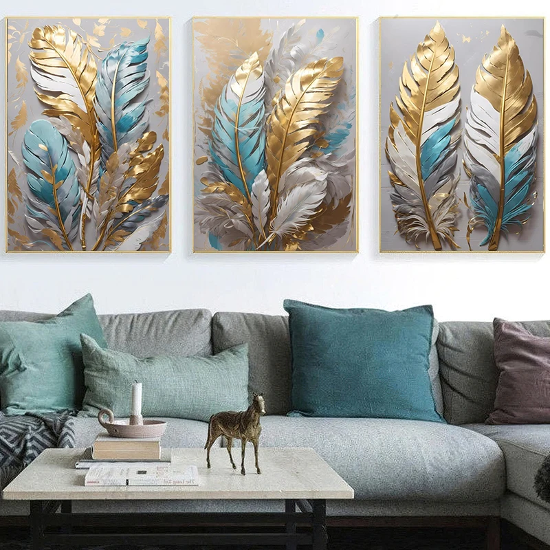 Красочные перья в дневном свете золотые синие листья плакаты настенное