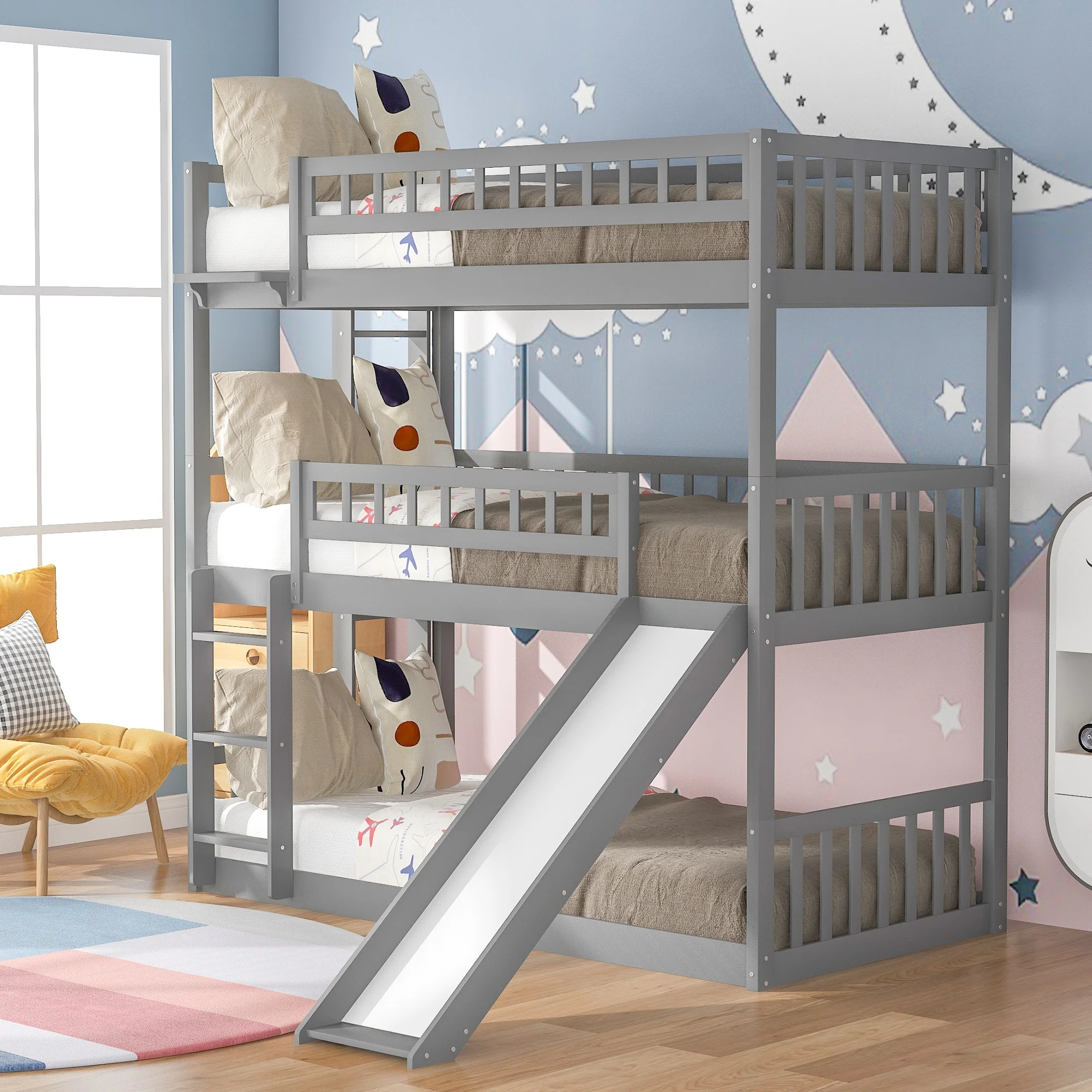 

Home Modern And Minimalist Wooden Bedroom Furniture Beds Frames Bases Built-in Ladder Slide Triple Bunk Bed With Guardrails Gray