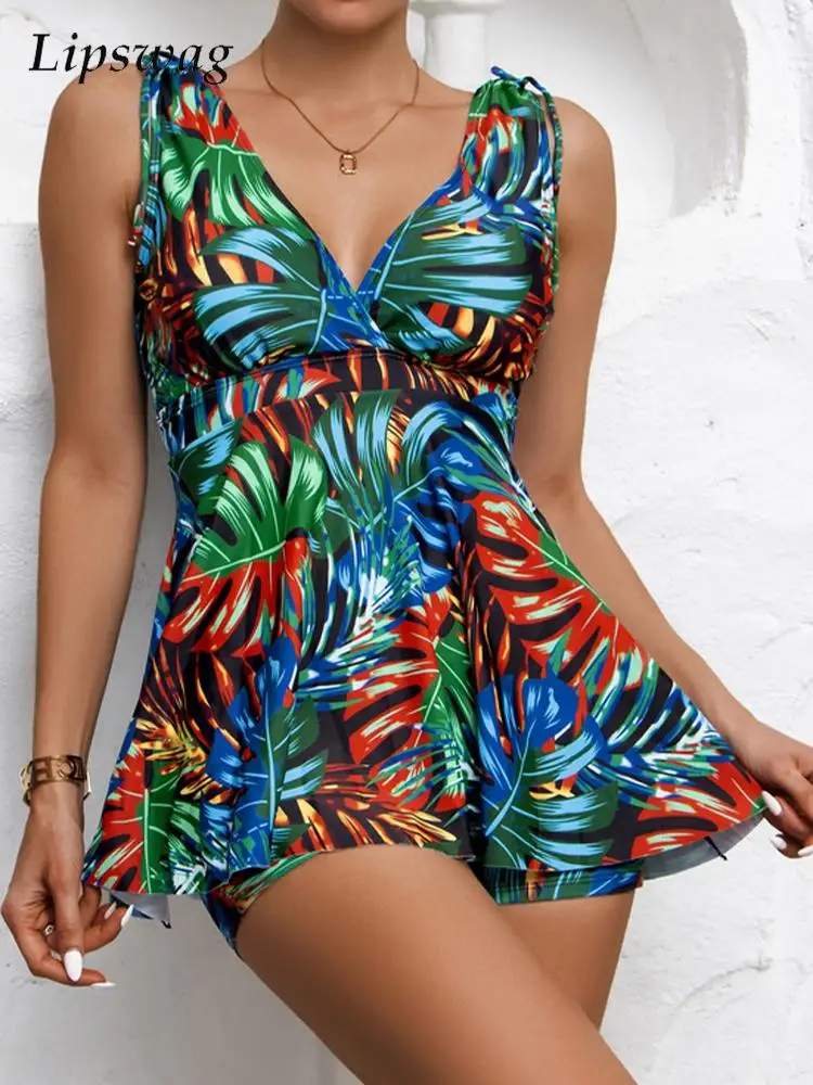 

Summer Push Up Shorts Beachwear Fashion Leaf Print Backless Conservative Spa Bikini Sets Women V Neck Two Piece Dress Swimsuits
