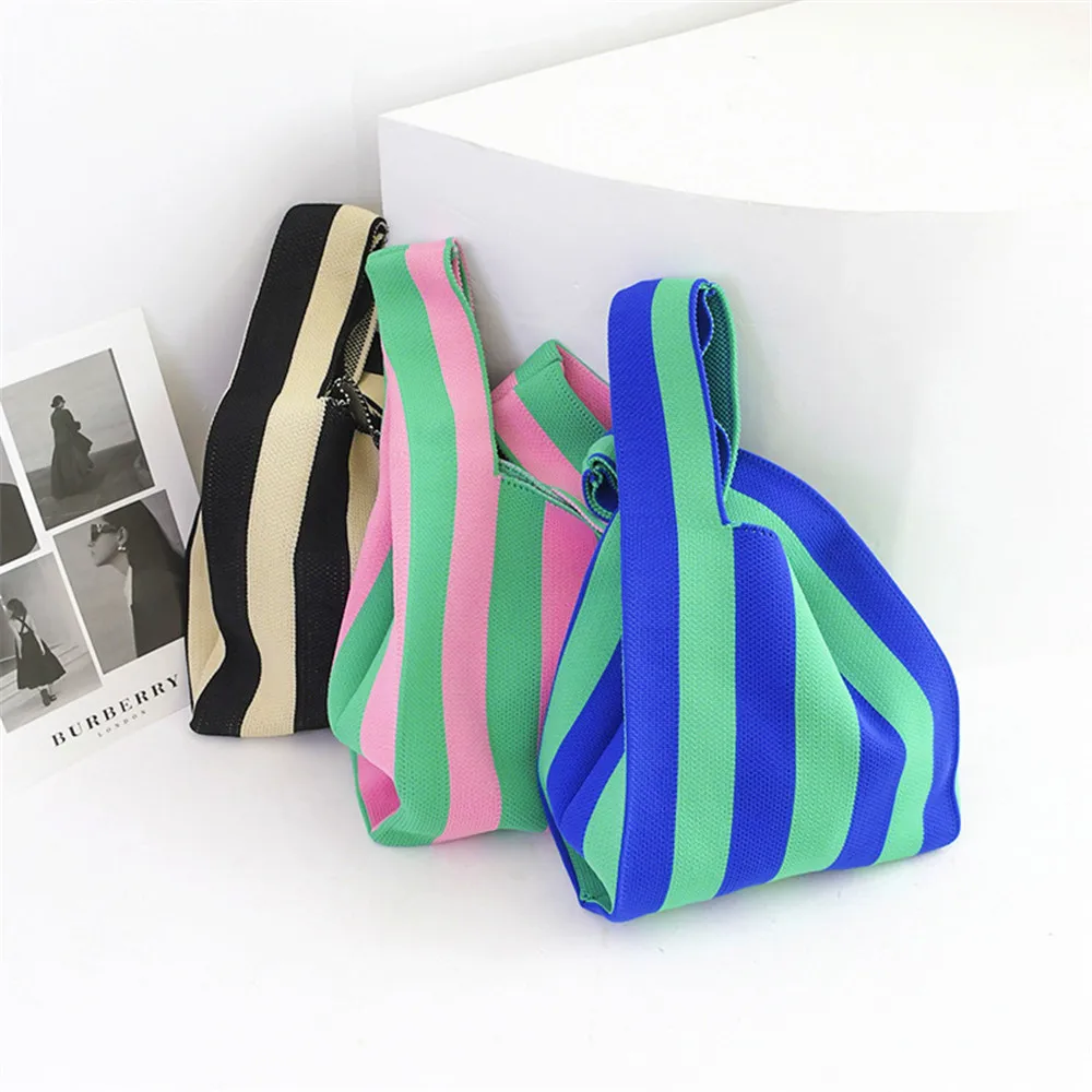 

Stripe Knitted Fabric Women Shoulder Bag Colour Blocking Design Pleated Bags Woolen Cloth Handbag Foldable Strapped Tote Ladies