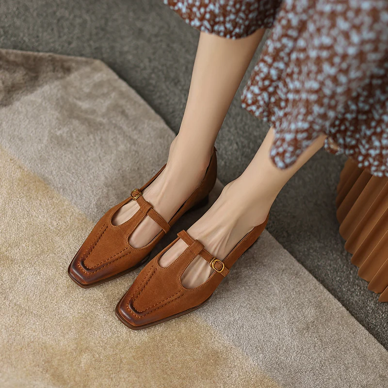 

2023 new spring women pumps natural leather 22-24.5cm length Cowhide+pigskin full leather Square toe bow high heel shoes