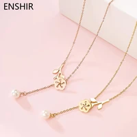 enshir 316l stainless steel rose flower pearl tassel necklace new ladies necklace festive party jewelry gift wholesale