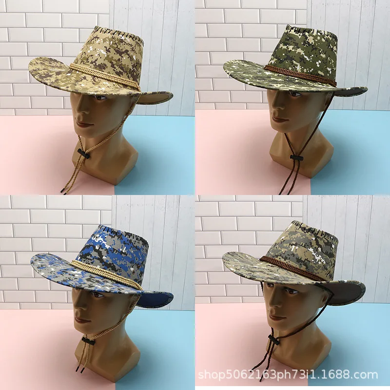 Military Camouflage Cowboy Hat for Men Tactical Camo Jungle Wide Brim Western Outback Hat with Chin Cord for Hunting Hiking