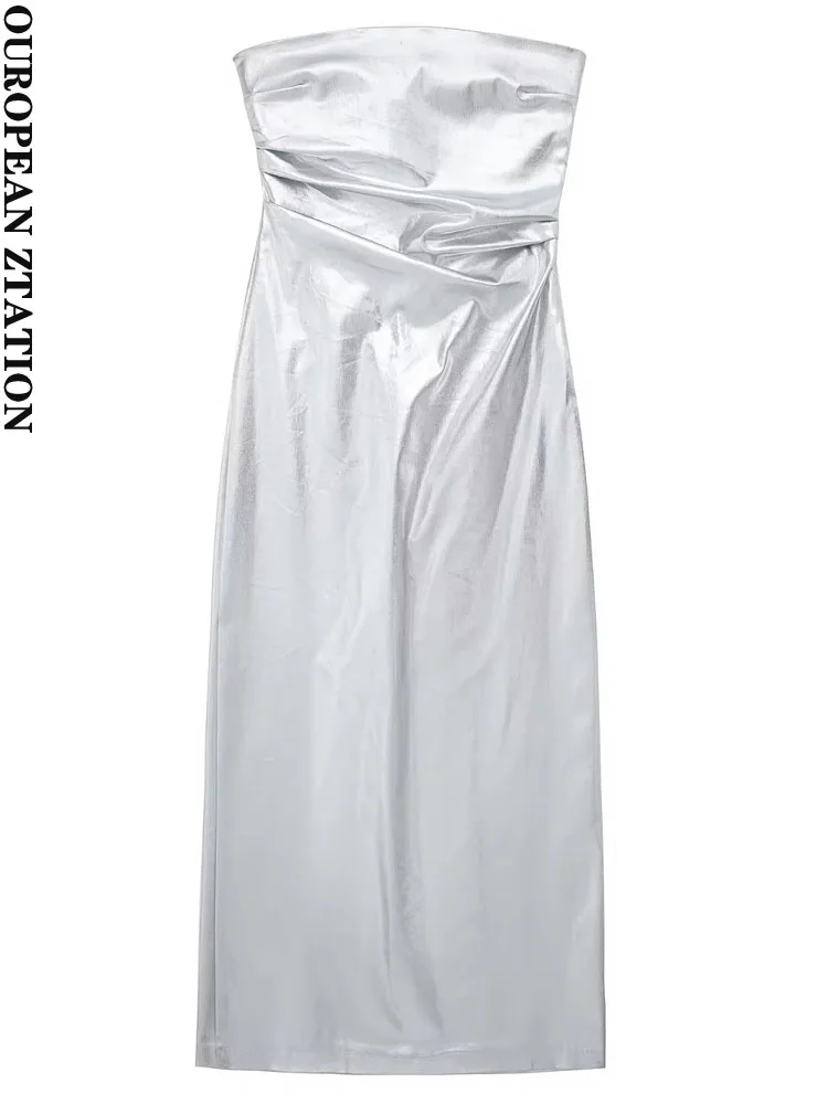 

PAILETE Women 2023 fashion metallic strapless slit midi dress vintage straight neck side zipper female dresses vestidos mujer