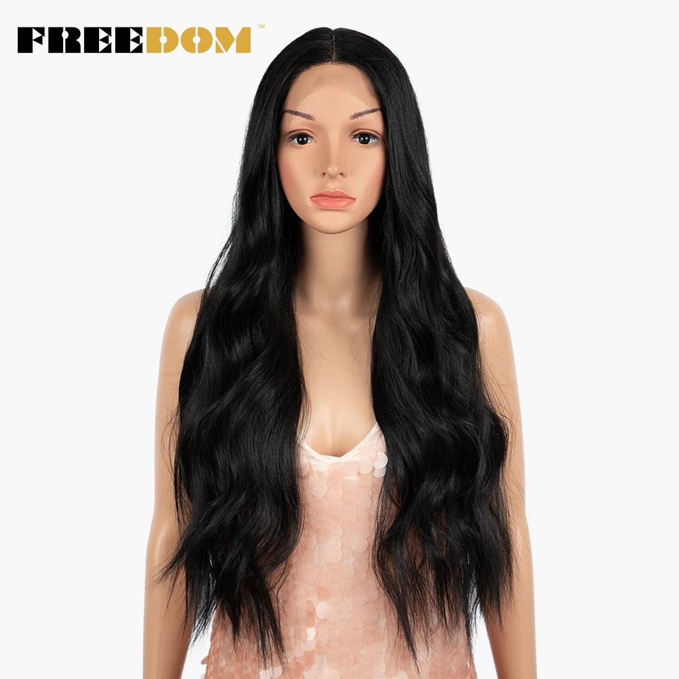 

FREEDOM Synthetic Lace Wigs Body Wave Wavy Wigs For Black Women Middle Part Ombre Brown High Temperature Hair Cosplay Wigs