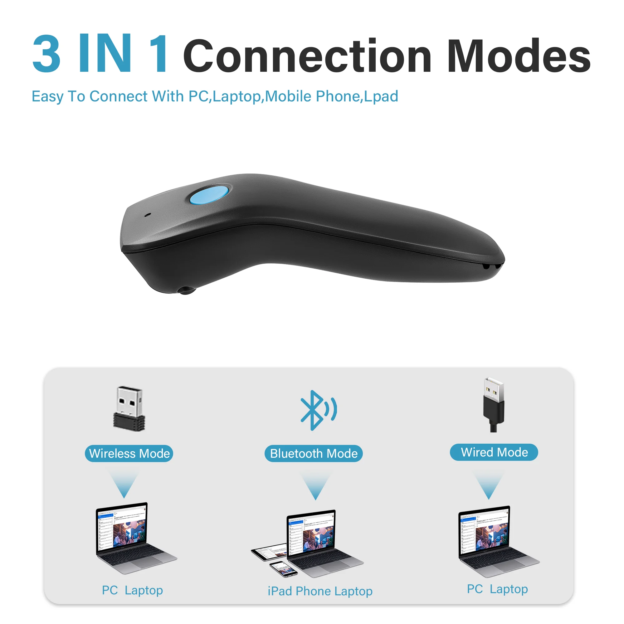 Фото Мини-сканер штрих-кодов 3-в-1 Bluetooth (1D, 2D, QR-коды) с CCD-сенсором, портативный, с аккумулятором большой емкости, для телефона №1