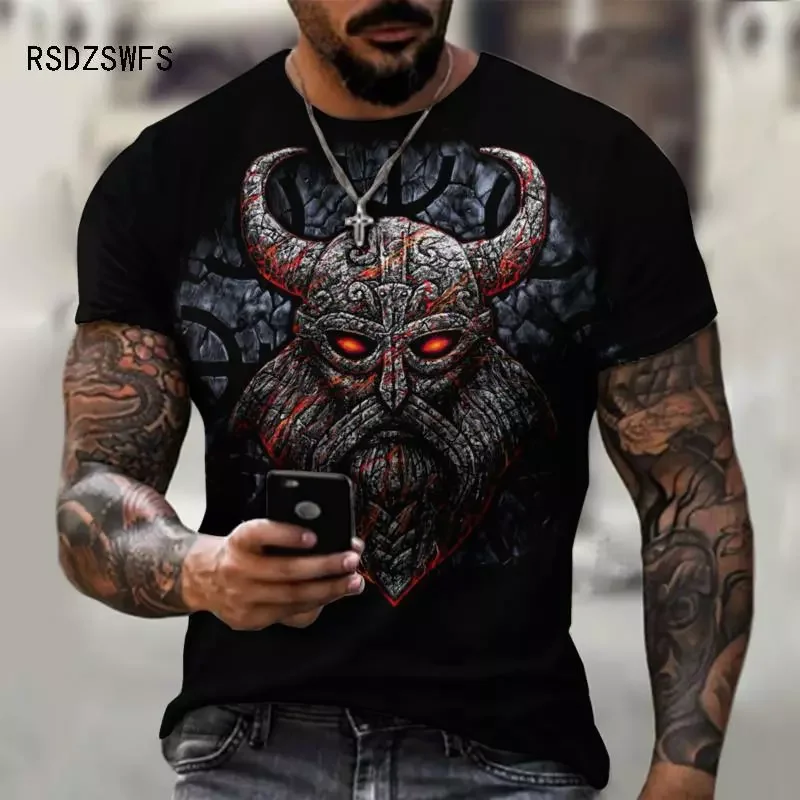 

2023NEW Summer Hot Top Street Fashion Men T-shirt Black Skull Horns 3D T-Shirt Men's Large Size Casual Short Loose Pullover