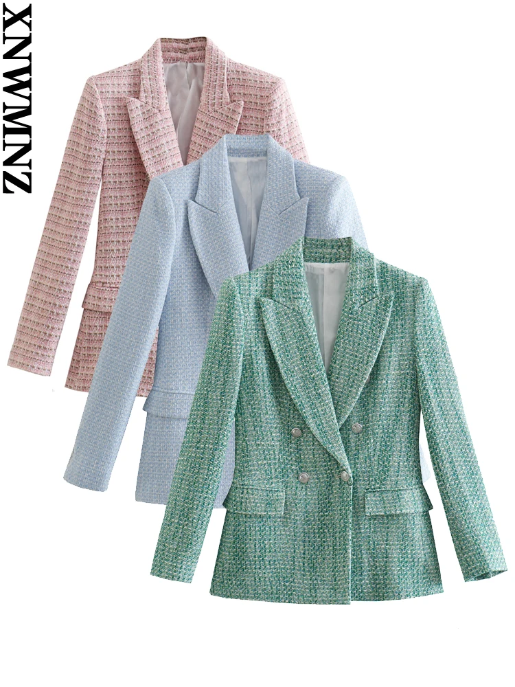 

XNWMNZ 2022 Casual Women Tweed Blazer Vintage Office Lady Jacket Coat Double Breasted Spring Autumn Outerwear Female Chic Tops