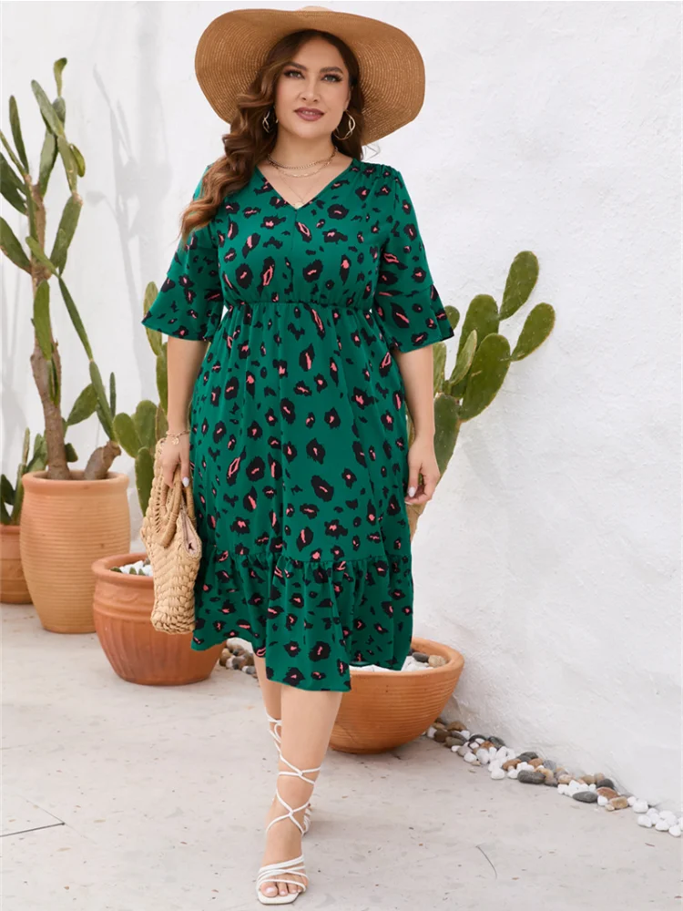 Plus size women summer new V-neck short-sleeved ruffled elastic waist dress long skirt plus size feminino