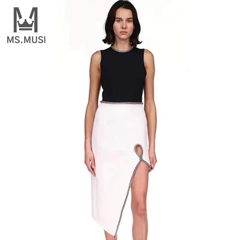 MSMUSI 2022 New Fashion Women Sexy Luxury Crystal Patchwork Sleeveless Bodycon Party Club Slit Bandage Midi Dress Event Vestidos