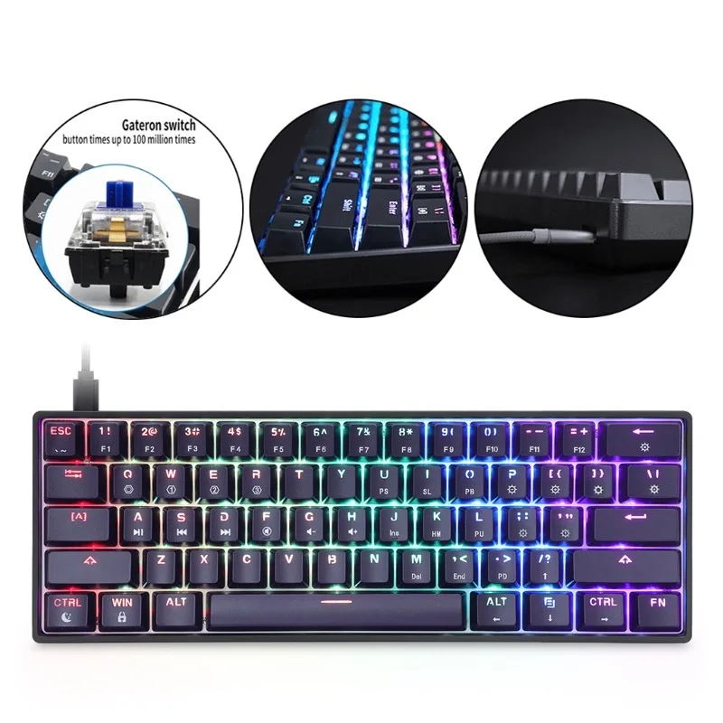 

Клавиатура Механическая GK61 SK61, проводная игровая USB клавиатура со светодиодной подсветкой, оптические переключатели Gateron для рабочего стол...