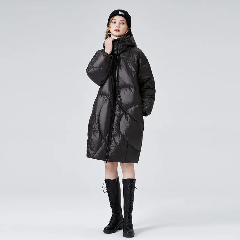 Black Glossy Thickened Women's Coat Cotton Jacket Outerwear Windproof Loose Hooded Medium Length Down Jacket Women Winter Coat enlarge