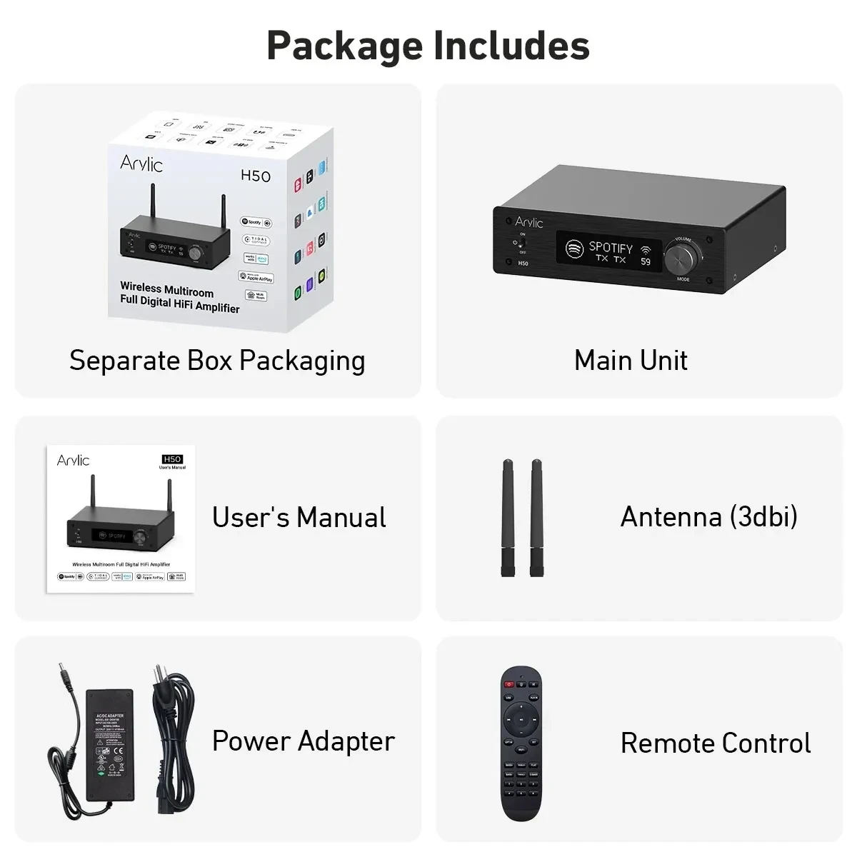 Arylic H50 WiFi Bluetooth 5.2 HiFi усилитель мощностью 50 Вт×2 с поддержкой AirPlay 2, Spotify, Tidal Connect, HDMI ARC, Phono, USB, DAC, Multiroom (art.: 3920da685dfc0) - 3920da685dfc0