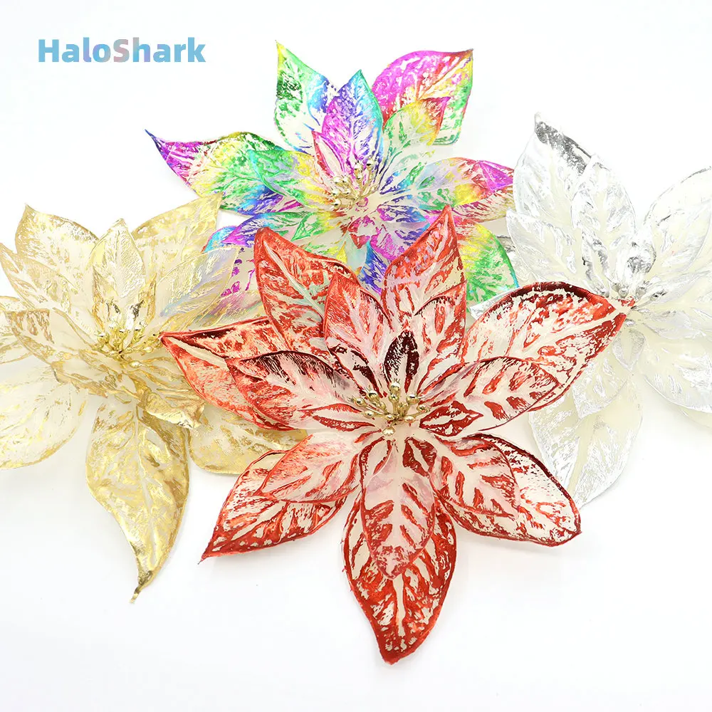 

5pcs 23cm/15cm/10cm Glitter Artificial Christmas Flowers Xmas Tree Ornament Merry Christmas Decoration Home Fake Flower Navidad