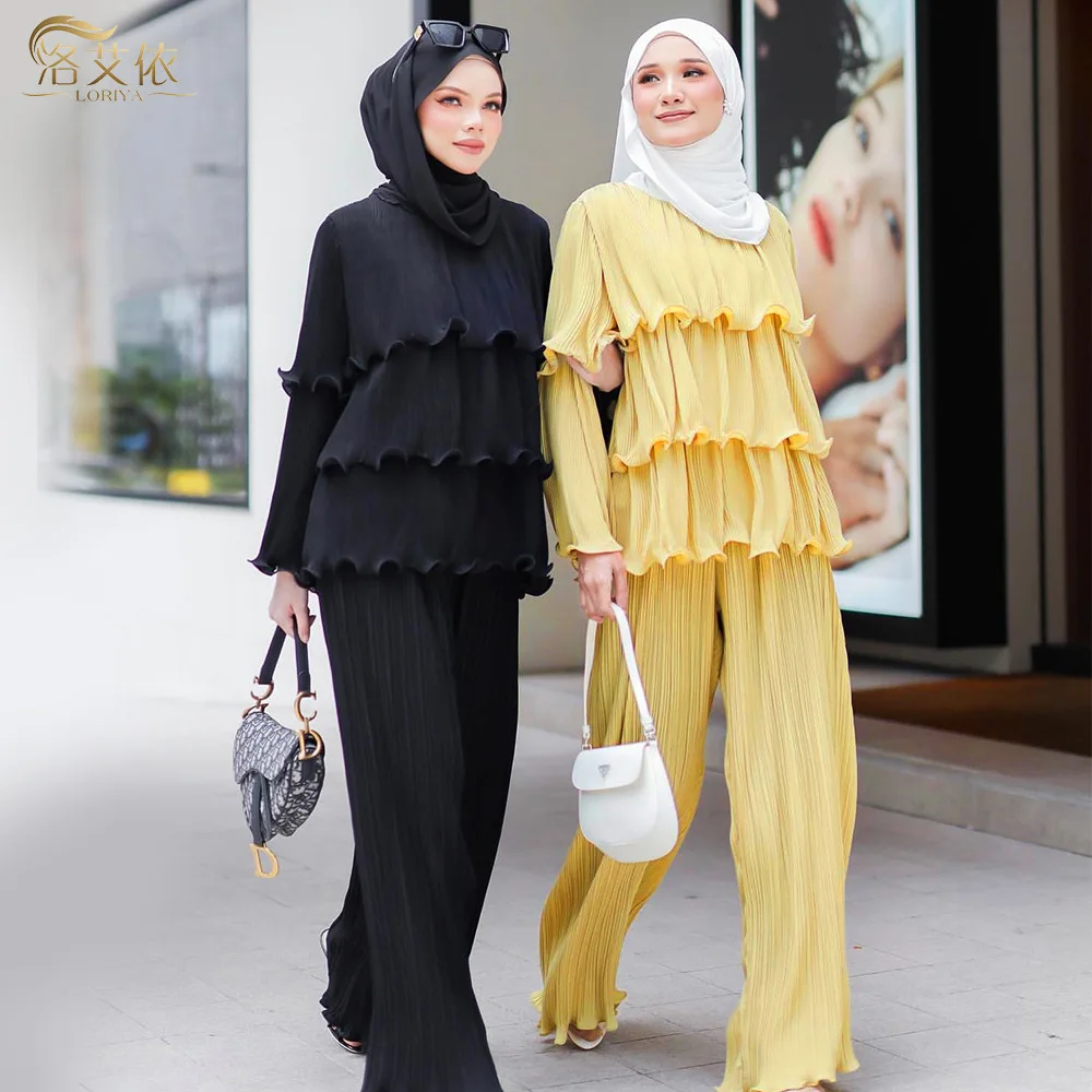 Dubai Turkish Two Piece Set Muslim Women Pleated Lotus Leaf Edge Top And Wide-legged Pants Abaya Solid Islamic Clothing 2PCS