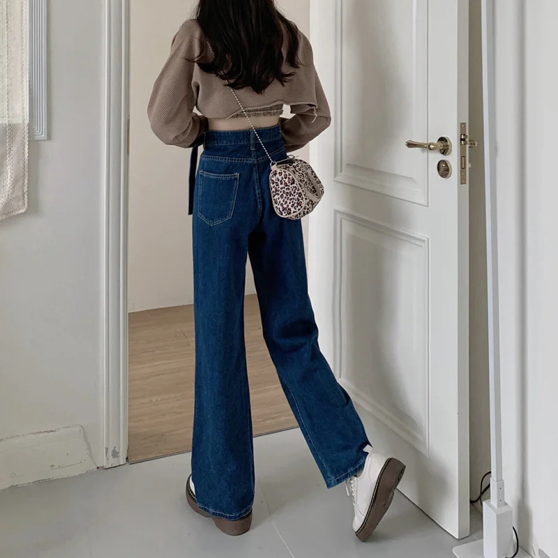 

2023Casual slim-fit pants, Baggy Jeans Women Dark Blue High Waist Design Bandage Wide Leg All-match Preppy Girls Mopping Fashio