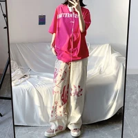 y2k pants for women streetwear korean anime wide leg trousers 2022 white pink sweatpants loose casual aesthetic 90s clothes
