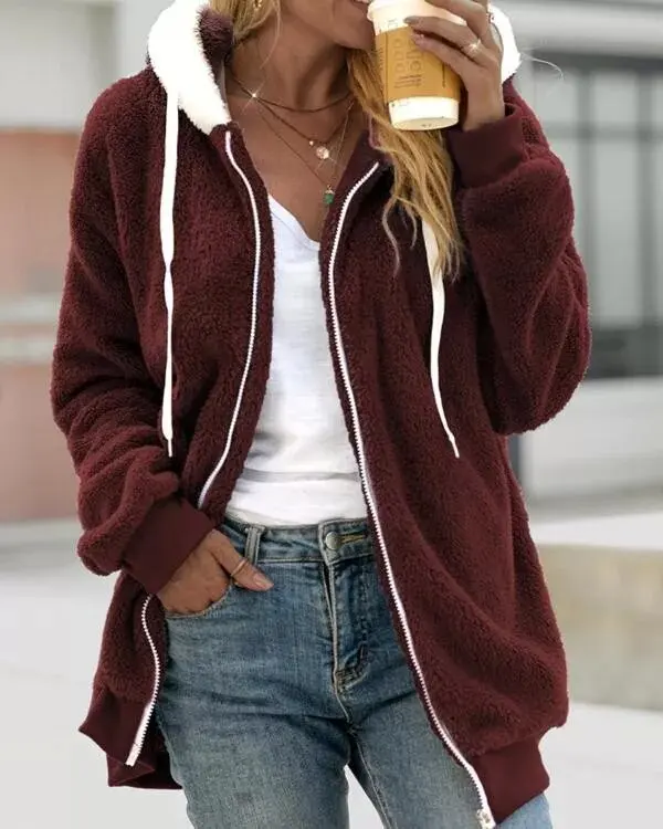 2022 New Autumn  Winter Loose Plush Zipper Hooded Coat Women Casual  Loose Home Wear  Vintage Faux Fur Coat for Women