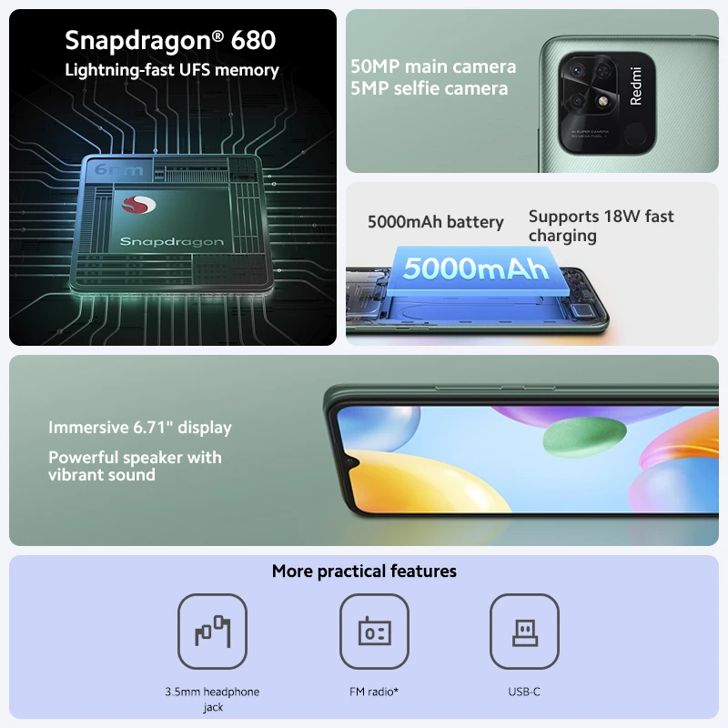 Смартфон Xiaomi Redmi 10C 4 Гб 64 ГБ/4 ГБ 128 Восьмиядерный процессор Snapdragon 680 дисплей 6 71