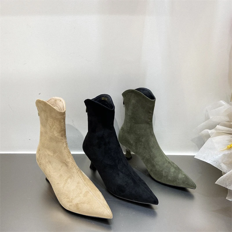 

Fashion Women Ankle Boots Chelsea Botas Beige Black Green Short Booties Thin High Heels Autumn Winter Back Zipper Party Pumps