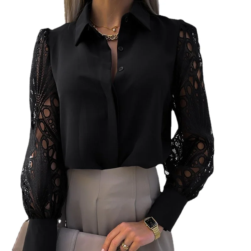 

Женская ажурная блузка на пуговицах, белая Повседневная офисная атласная блузка с длинным рукавом, винтажный топ с кружевом, весна-лето