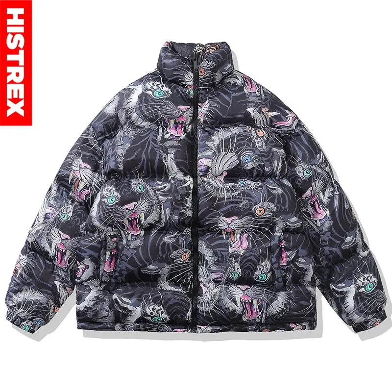 

HISTREX Reversible Mens Parkas Jackets Print Harajuku Tiger Bubble Menswear Thick Warm Outwear Coat Puffer Parka Jacket Man Cost