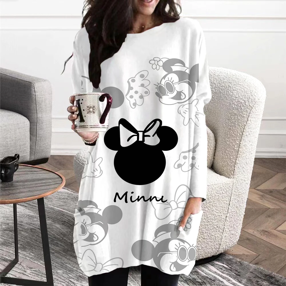 

New Mickey Disney Cartoon Print Long-sleeved Over-the-knee T-shirt Autumn and Winter Casual Women's Pocket Mid-length Dress