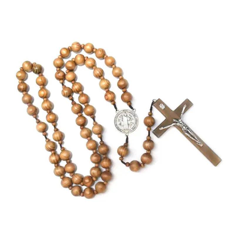 

Fashion Handmade Round Wood Bead Catholic Wall Rosary Cross Religious Necklace