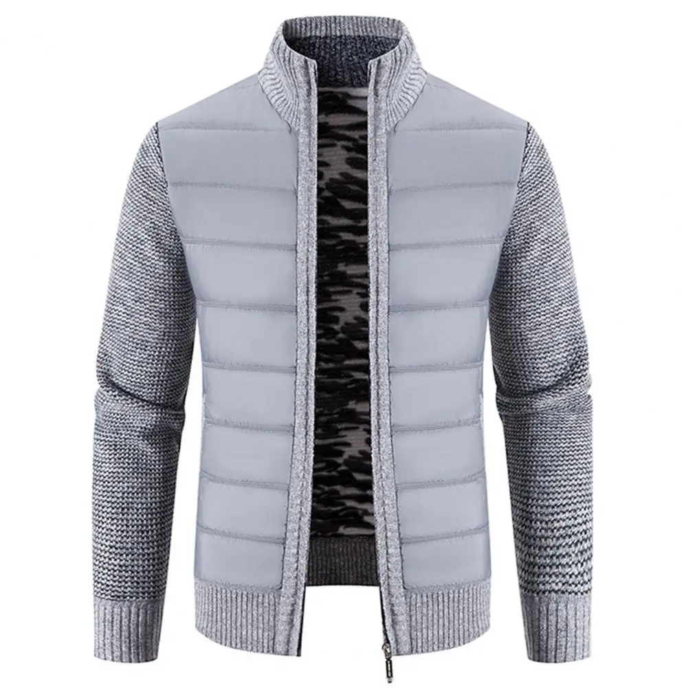 Autumn Winter Sweater Coat Thicken Patchwork Stand Collar Coldproof Plush Lining Jacket for Daily Wear