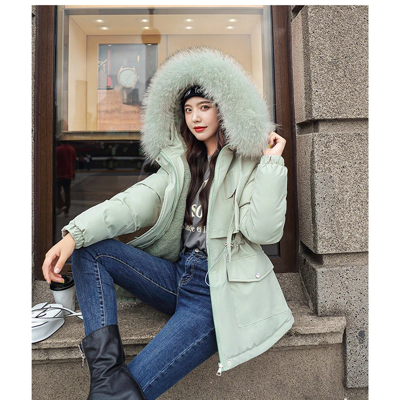 Thickened Fur Collar Hooded Parka Loose Fashion Long Sleeve Warm Women's Cotton Padded Clothes Versatile Solid Winter Outerwear