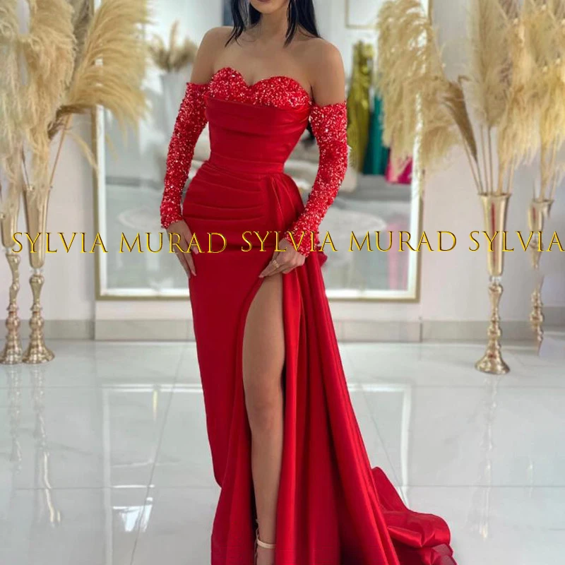 

Женское вечернее платье с юбкой годе, красное платье с высоким разрезом и блестками, платье с длинным рукавом и открытыми плечами, юбка-годе для выпускного вечера