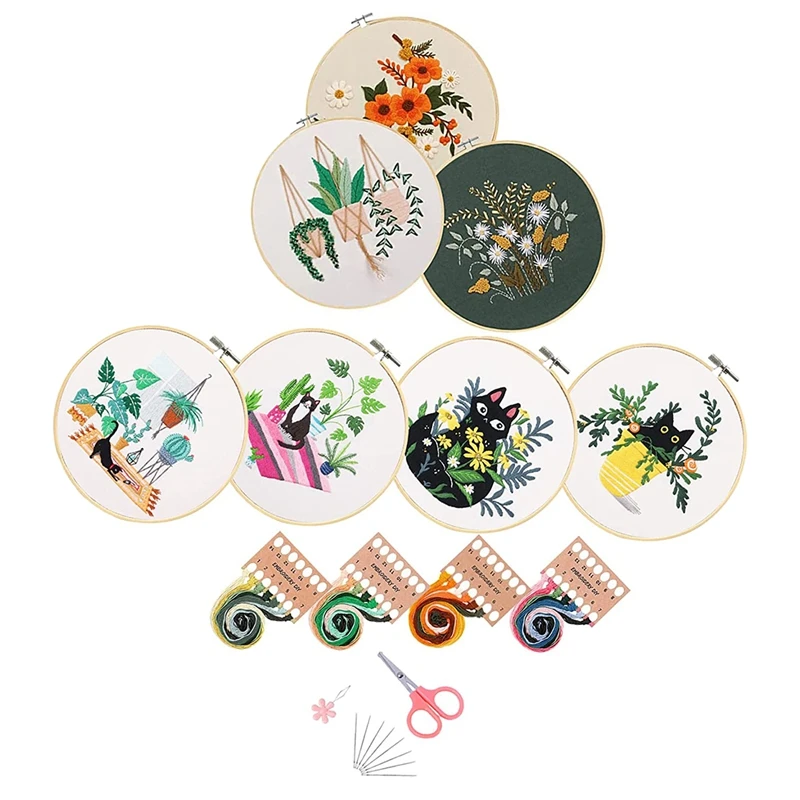 

7 Pack Flower And Cat Embroidery Kit For Beginners With Pattern, Cross Stitch Kits With Instruction