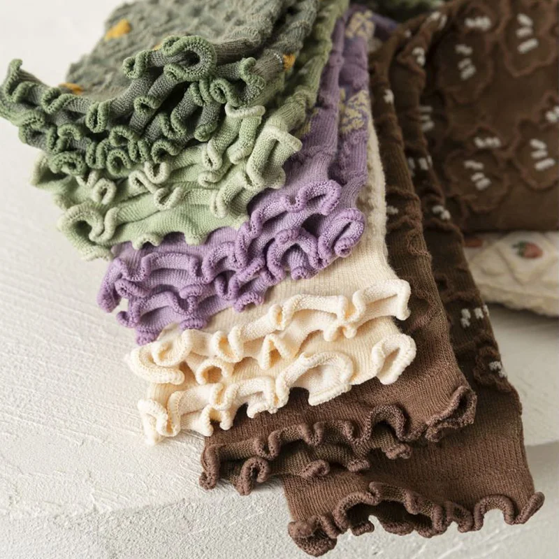 5 Pair Crimping Flowers Long Autumn Winter Socks Woman Kawaii Socks Women Breathable Japanese Style Pure Cotton Sock Fashion New