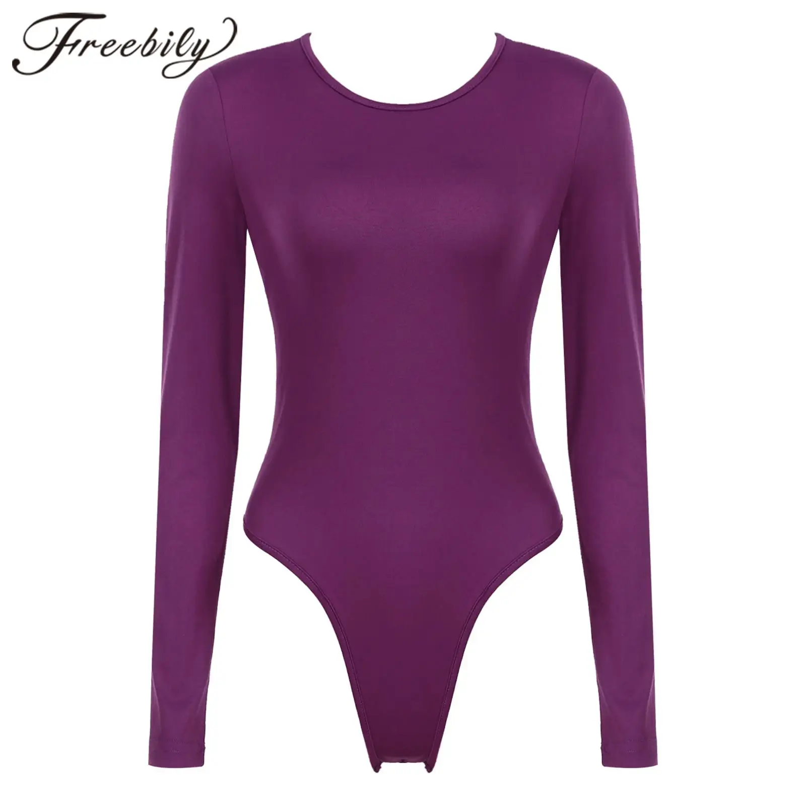 

Womens Ballet Dance Leotard Gymnastics Jumpsuits Round Neck Long Sleeve Solid Color Bodysuit for Sport Yoga Training Workout