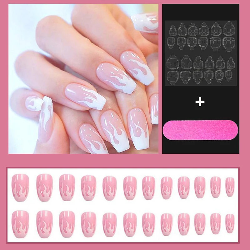 24Pcs Fake Nails Art Tips Flame Short Detachable Finished Ballet Wearable Fake Manicure Press on Square Head Full Cover Tools