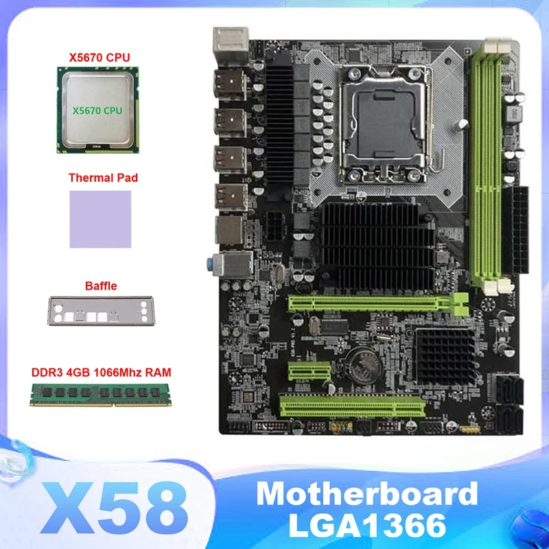 

Материнская плата X58 LGA1366, компьютерная материнская плата с поддержкой RX, графическая карта с процессором X5670 + DDR3 4 Гб 1066 МГц, ОЗУ + термоподуш...