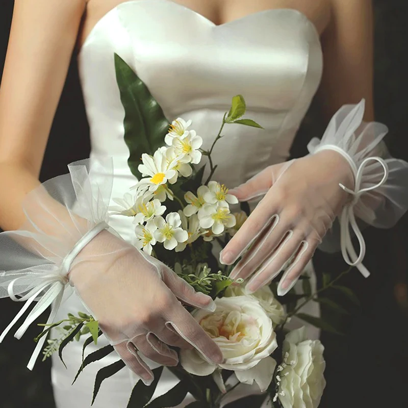 Модные Элегантные Свадебные короткие белые перчатки дышащие тюлевые Ленточные
