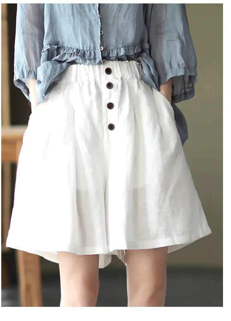 Summer Cotton and Linen Shorts Fashion Lady Buttons Solid Color Loose High Waist Shorts Casual Home Women's Medium Short Pants