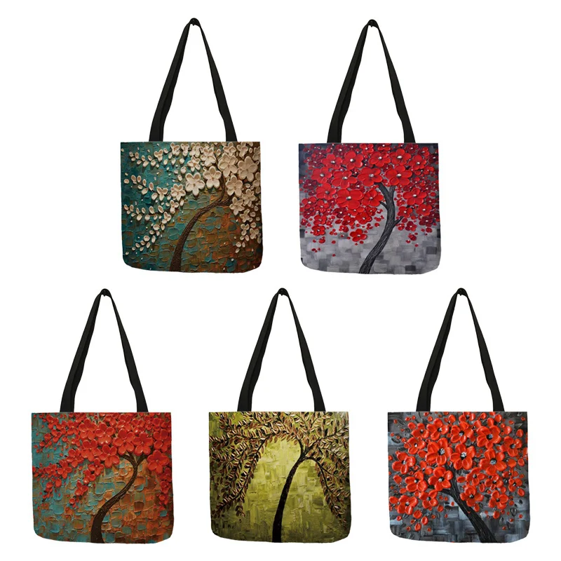 

Индивидуальная сумка-тоут с масляным рисунком цветущей вишни для женщин, женские элегантные сумки, многоразовые льняные сумки для покупок с двусторонним рисунком
