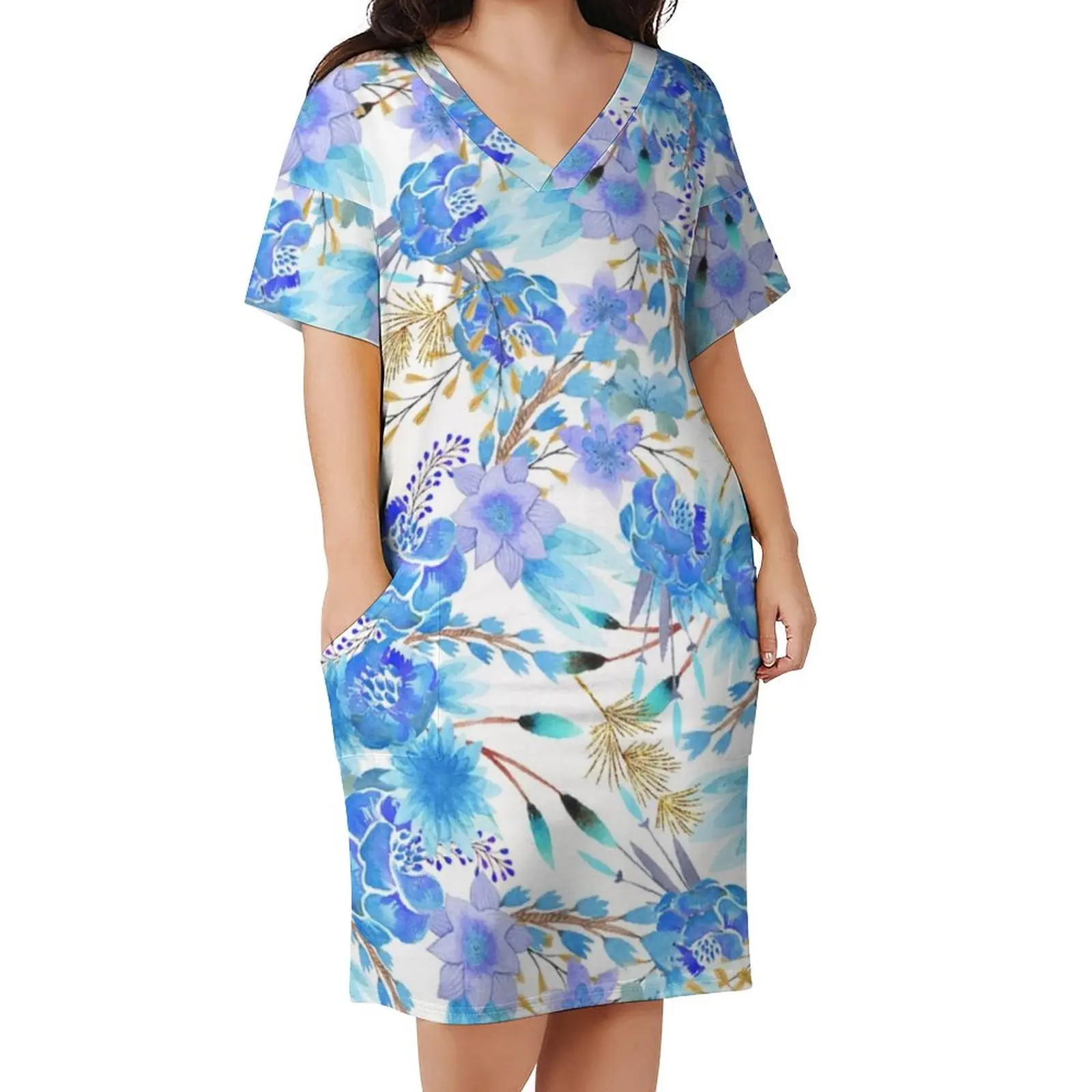

Elegant Gold Lavender Casual Dress Ladies Watercolor Floral Print Trendy Cute Dresses Summer V Neck Streetwear Dress Plus Size