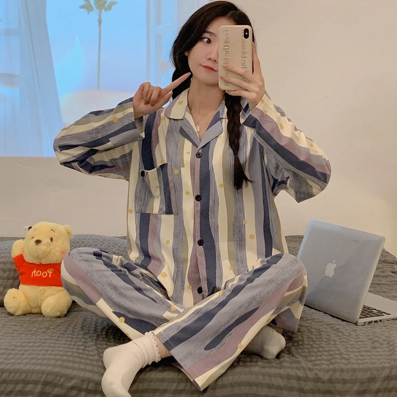 Spring Autumn Women Fashion Lapel Pajamas Faux Cotton Soft Long Sleepwear Stes