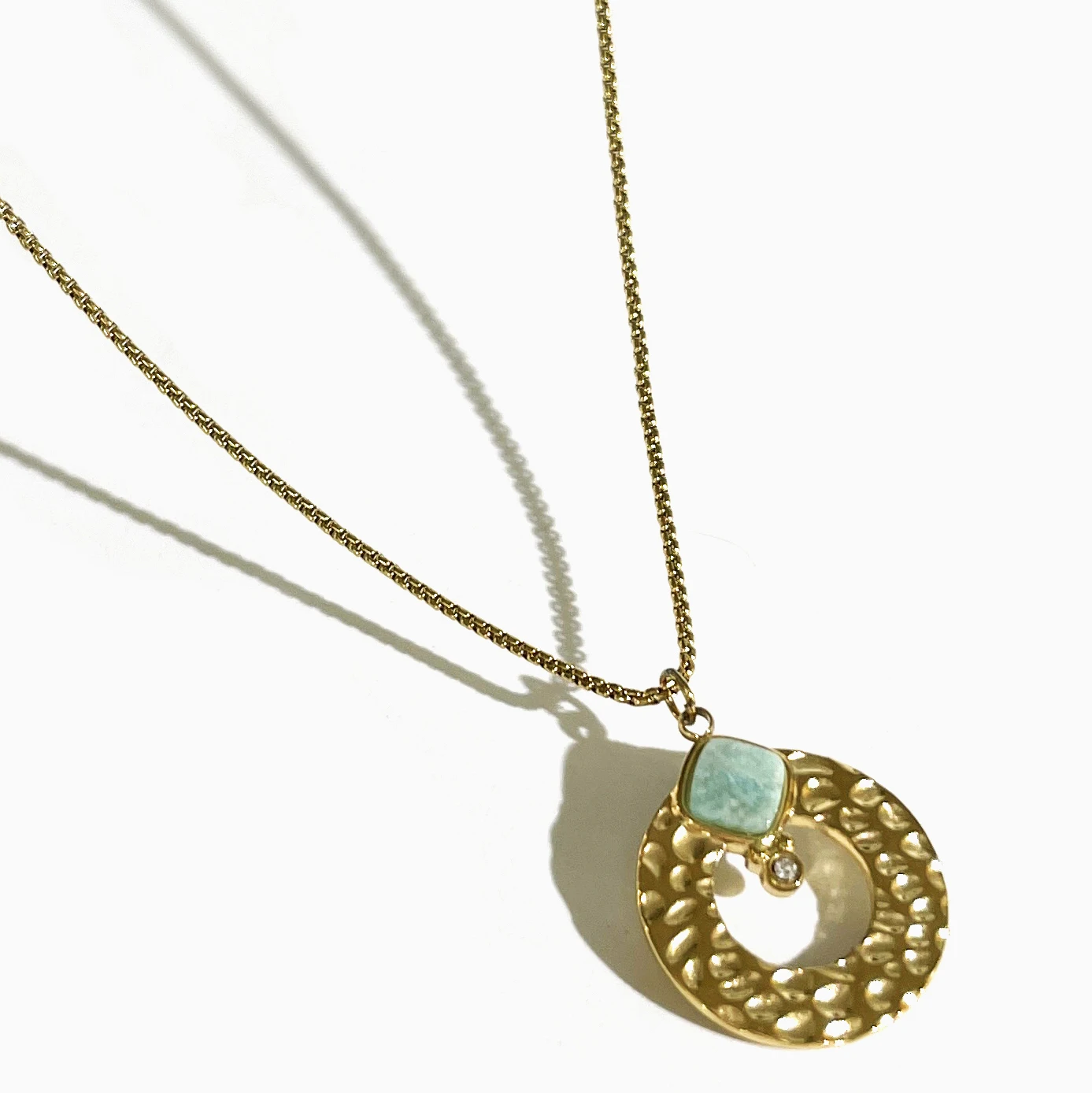 

Peri'sbox Boho 18K Gold Pvd Plated Hammered Circle Pendant Necklace with Amazonite Stone Stainless Steel Water Resistant Jewelry