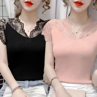 summer women fashion slim solid tops short sleeve splicing lace v neck pullover womens commute all match casual t shirt 2022